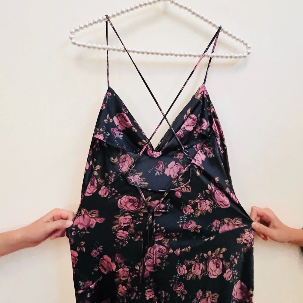 Astr the Label Gaia Navy Floral Satin Midi Dress